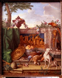 Plaquette met de jachten van Lodewijk XVI: detail van een hond die wild bewaakt