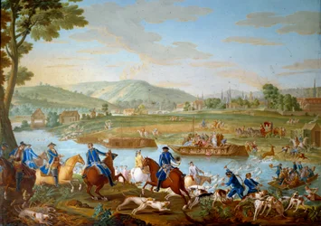 Plaquette die de jachten van Lodewijk XVI voorstelt: het hert passeert de Oise vanaf de kust van Royallieu in het zicht van de stad Compiegne