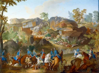 Plaquette die de jachten van Lodewijk XVI voorstelt: het hert dat zich aan de honden houdt in de rotsen van Frauchard in het bos van Compiègne