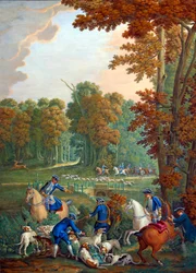 Plaquette die de jachten van Lodewijk XVI voorstelt: de relais bij het kruispunt van de Embrassade in het bos van Compiègne