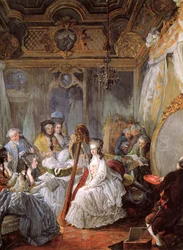 Frans: Jean-Baptiste-André Gautier-Dagoty portraiturant la Reine dans sa chambre Marie Antoinette speelt harp aan het Franse hof