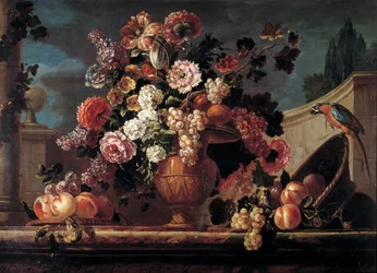 Bloemen, vruchten en papegaaien