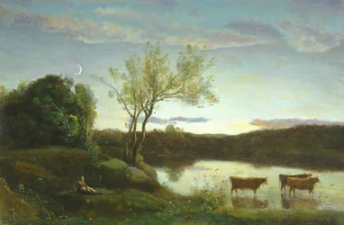Een vijver met drie koeien en een maansikkel, ca. 1850