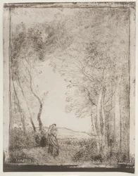 Een jonge moeder bij de ingang van een bos, originele indruk 1856, gedrukt in 1921