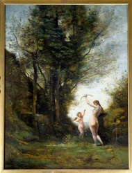 Een nimf die speelt met een liefdesgod