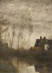 Frans: Scène de rivière avec maisons et peupliers Een rivierscène met huizen en populieren