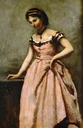 Meisje in roze jurk met rozen en een parel ...