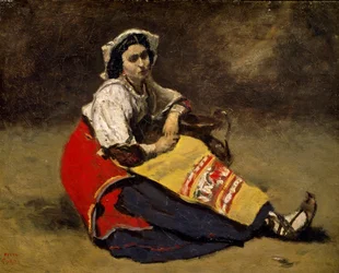 "Italienne assise sur le sol" Schilderij van Jean Baptiste (Jean Baptiste) Camille Corot (1796-1875) Zürich, privécollectie