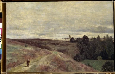 De met heide bedekte heuvels bij Vimoutiers in Normandië
