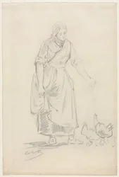Boerenmeisje Voedt Kippen, 1800s