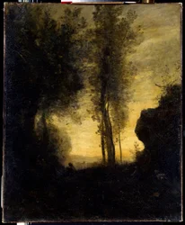 Zittende geit die fluit speelt in een open plek (schilderij door Camille Corot)