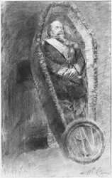 Keizer Napoleon III in zijn kist tijdens de uitvaartdienst, gevierd in de kerk in Chislehurst, Engeland, op 13 januari 1873