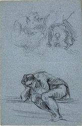 Zittende figuur met hoofd in handen en twee karikaturen (recto); Vier figuren in een lunet (verso)