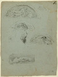Staande figuur in een nis en studies voor de Ugolino-groep (recto); Roodgeklede prelaat in een menigte (verso)