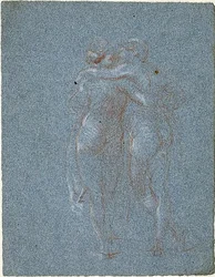 Twee Staande Figuren, Omhelzend (recto); Man met Zeis en Schetsen van Gebouwen (verso)