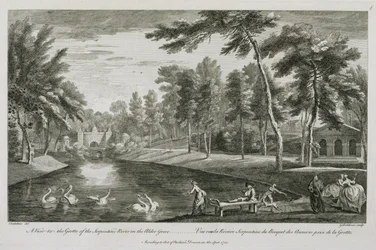 Een Uitzicht op de Grot van de Serpentine Rivier in het Elzenbos bij Stowe, 1753, gegraveerd door George Bickham