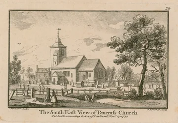 Het zuidoostelijke uitzicht van de St Pancras-kerk, Londen