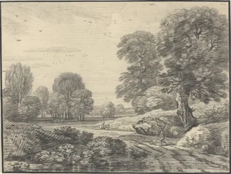 Reizigers op een weg in een bosrijk landschap