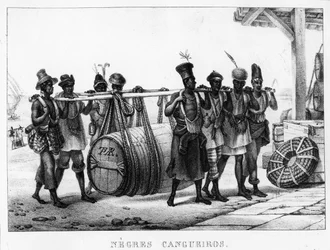 «Zwarte Cangueiros» - Zwarte dragers vervoeren een vat, gegraveerd door Thierry Frères (werkzaam 1827-45), 1835