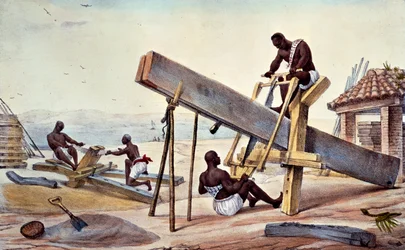 Slaafse houthakkers, uit «Voyage Pittoresque et Historique au Bresil», gegraveerd door Thierry Freres, 1835