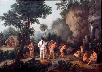 Slavernij: „slavenjacht“ - inheemse families (uit Brazilië?) worden gevangengenomen door slavenhandelaren. Museum van São Paulo, Brazilië.