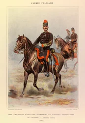 Types en uniformen van het Franse leger van kapitein Jules Richard, geïllustreerd door Edouard Detaille (1848-1912): Chef van het artilleriesquadron die de divisie cavaleriebatterijen in groot tenue in 1887 beveelt, Privécollectie