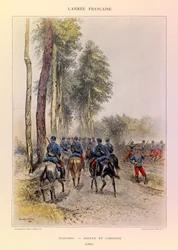Types en uniformen van het Franse leger van Kapitein Jules Richard, geïllustreerd door Edouard Detaille: Huzaren; Veldservice 1885