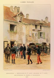 Typen en uniformen van het Franse leger van kapitein Jules Richard, geïllustreerd door Edouard Detaille (1848-1912): Administratie: Medicin Major van 2e klasse; Aide Major van 1e klasse; Veterinaire Aide Eerste en Telegraaf in 1887, Privécollectie