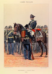 Typen en uniformen van het Franse leger van Kapitein Jules Richard, geïllustreerd door Edouard Detaille: Gendarmerie in grote tenue in 1887, Particuliere Collectie