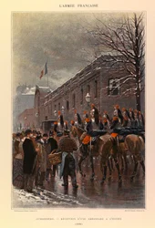 Typen en uniformen van het Franse leger van Kapitein Jules Richard, geïllustreerd door Edouard Detaille: Cuirassiers: Ontvangst van een ambassade op het Elysee in 1886, Privécollectie