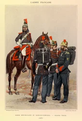 Typen en uniformen van het Franse leger van Kapitein Jules Richard, geïllustreerd door Edouard Detaille (1848-1912): Republikeinse Garde en Brandweerlieden in Grote Uitrusting in 1887, Privécollectie