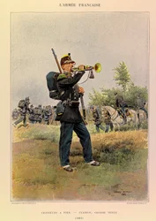 Typen en uniformen van het Franse leger van Kapitein Jules Richard, geïllustreerd door Edouard Detaille (1848-1912): Jagers te voet: Hoornblazer in grote kledij in 1885, Privécollectie