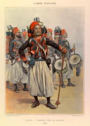 Types en uniformen van het Franse leger van Kapitein Jules Richard, geïllustreerd door Edouard Detaille: Zouaven: Trommel in landelijke kleding in 1886
