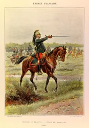 Typen en uniformen van het Franse leger van Kapitein Jules Richard, geïllustreerd door Edouard Detaille (1848-1912): Officier van Draken in manoeuvrepak in 1885, Privécollectie