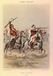 Types en uniformen van het Franse leger van kapitein Jules Richard, geïllustreerd door Edouard Detaille (1848-1912): Spahis bij de Fantasia in 1886, Privécollectie