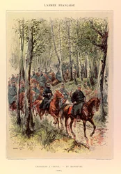 Types en uniformen van het Franse leger van kapitein Jules Richard, geïllustreerd door Edouard Detaille (1848-1912): Jagers te paard in manoeuvre in 1885, Privécollectie