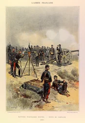 Typen en uniformen van het Franse leger van kapitein Jules Richard, geïllustreerd door Edouard Detaille: Batterij artillerie in velduniform in 1887, privécollectie