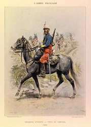 Typen en uniformen van het Franse leger van kapitein Jules Richard, geïllustreerd door Edouard Detaille: Jagers van Afrika in velduniform in 1886, privécollectie