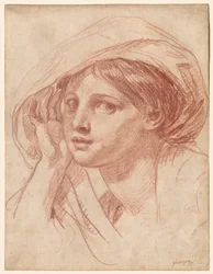 Kop van een jonge vrouw, ca. 1785 (rood krijt op wit gelegd papier)