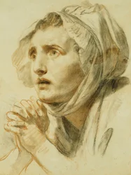 Portret van een vrouw, buste lengte, in een kapje, met haar handen gevouwen