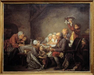 De Koningscake Een familie die de cake deelt tijdens het Driekoningenfeest. Schilderij door Jean Baptiste Greuze (1725-1805) 1774 Montpellier, Musée Fabre