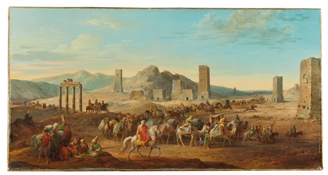 Twee caravans bij de ingang van de vallei die naar Palmyra leidt