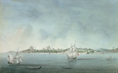 Uitzicht op Sultan Ahmet en Santa Sophia vanuit Uskudar, in Constantinopel