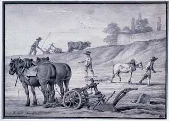 Landbouw: ploegscène. Tekening door Jean Baptiste Huet (1745-1811) 18e eeuw. Parijs, Louvre Museum