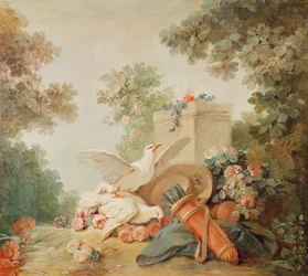Salon van de Prentmaker Gilles Demarteau, boven de deur: duiven, een pijlkoker en een strohoed, c.1750-65