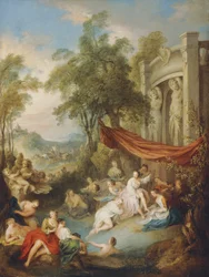 Nimfen baden bij een zwembad bij een loggia