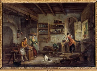 Een keukeninterieur Koks en dienstmeisjes bereiden de maaltijden van hun meester