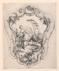 Rocaille-paneel, met scène van een herderin