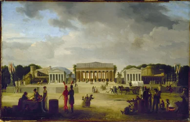 Vue du grand théâtre élevé sur la place de la Concorde pour la fête de la Paix, le 18 brumaire, an X (9 november 1801), in 1801