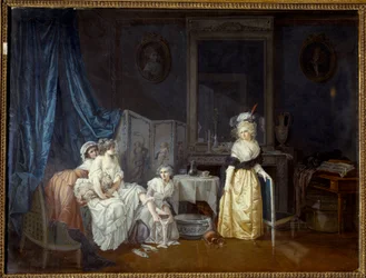 Het toilet Een jonge vrouw met de hulp van haar dienstmeisjes staat op het punt een bad te nemen. Schilderij door Jean Baptiste Mallet